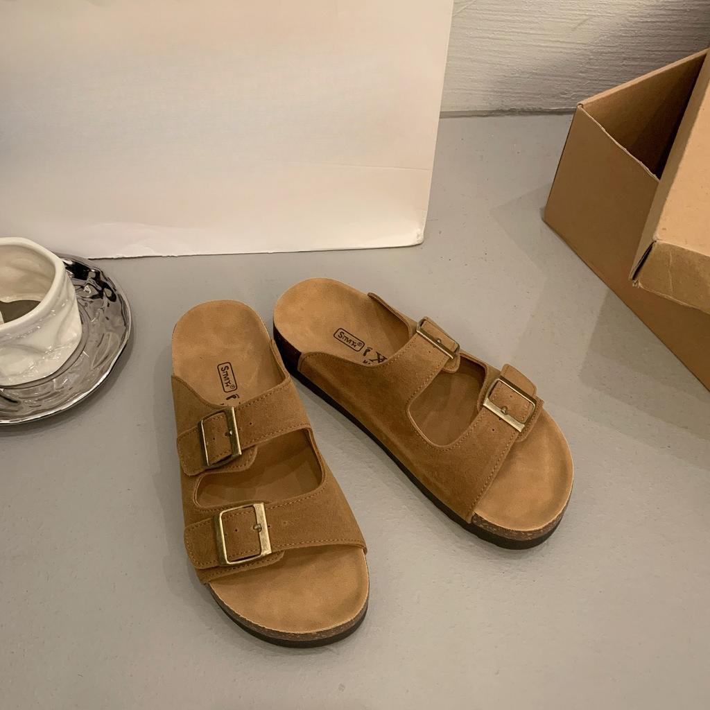 New Retro One-line Casual Beach Shoes for Women with Thick Soles and Soft Leather Slippers