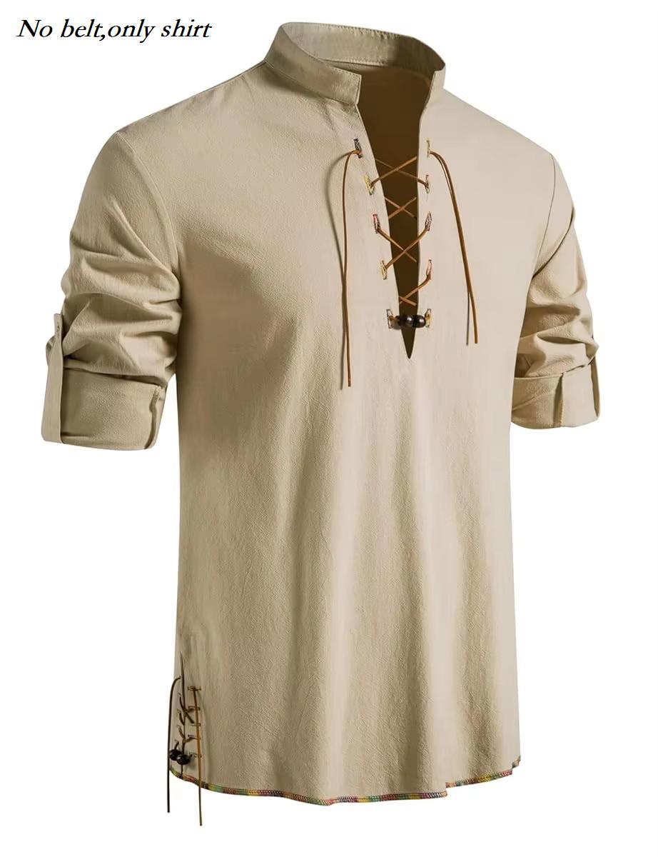 Runcati Heren Middeleeuws Piratenhemd Katoen Retro Vetersluiting Renaissance Overhemden Viking Lange Mouw Halloween Kostuum Tops XXL beige