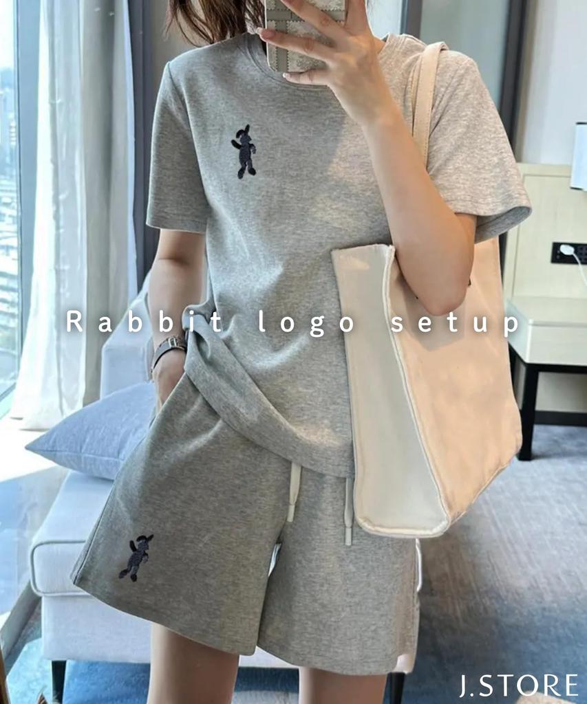 J.STORE Rabbit Logo T-Shirt and Shorts Set, Summer Loungewear, Lightweight, Cute, Women's Sweatshirt, Gray, Size 5S-J16-GYL