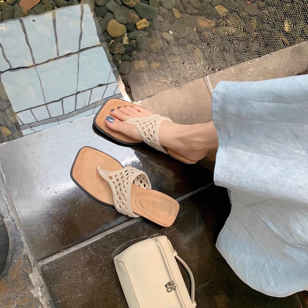 Sheepskin Version~ Grape Mother with the Same Height Increase of 4cm Hollow Crocheted Toe Square Head Cool Slippers Women's Summer Outer Slippers