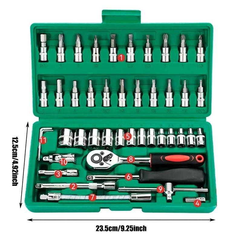 46pcs Drive Socket Set 1/4 Inch Ratchet Wrench Set with Sockets Metric Hex Bit Socket Set Mechanic Tool Kits for Auto Repair House