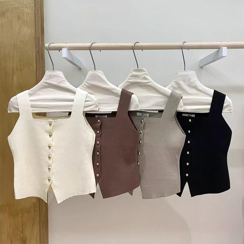 French Retro Solid Color Square Neck Single-Breasted Sleeveless Slim Knitted Vest For Women