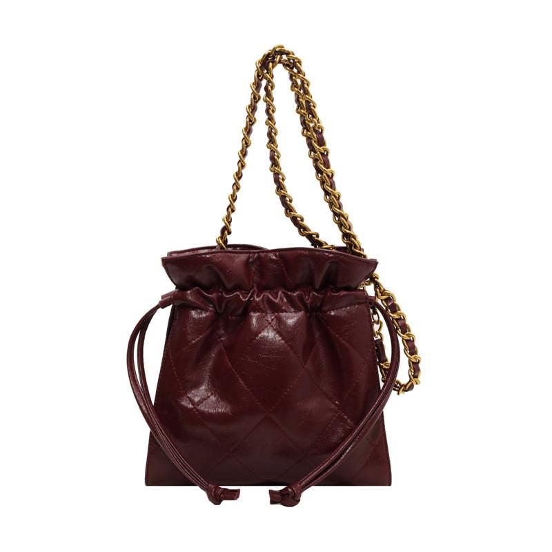 IELGY Soft Leather Drawstring Bucket Bag Retro Chain Shoulder Crossbody Fashion Embroidery Thread Pouch