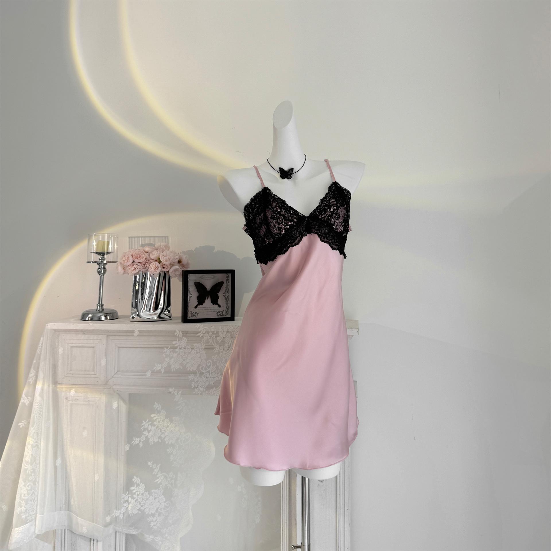 

Розовая шепчущая сексуальная кружевная ночная сорочка-майка - Европейский и американский стиль, без спины, с нагрудными подушечками XL