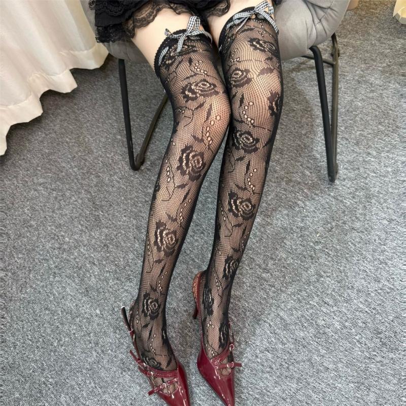 Lace Thigh High Socks With Rose Pattern Hollows Out Design Breathable Over Knee Stockings For Women Comfortable Polyester