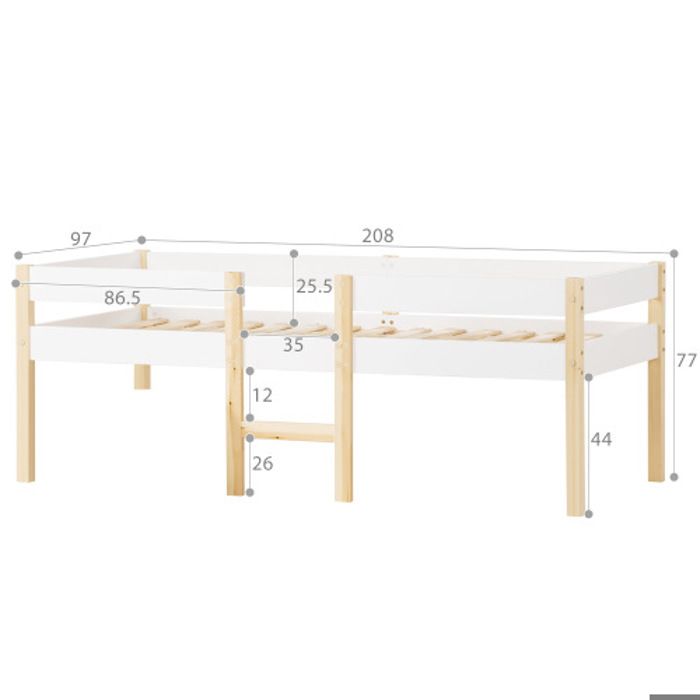 Lit d'enfant - MUVOE - 90x200 cm - Pin massif - Blanc &amp; Chêne - Mi-hauteur avec protection anti-chute