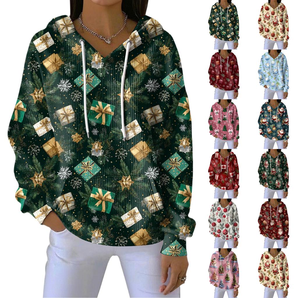 Women's Loose Comfortable Casual Fashion V-Neck Christmas Print Long Sleeve Hoodie