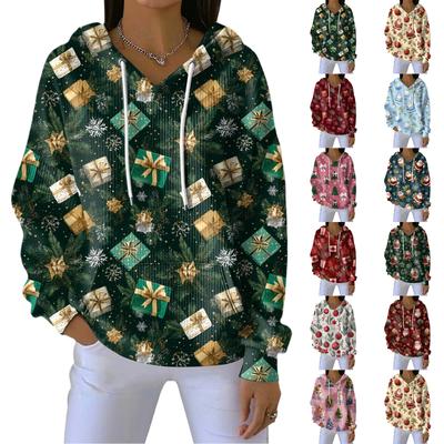 Women's Loose Comfortable Casual Fashion V-Neck Christmas Print Long Sleeve Hoodie