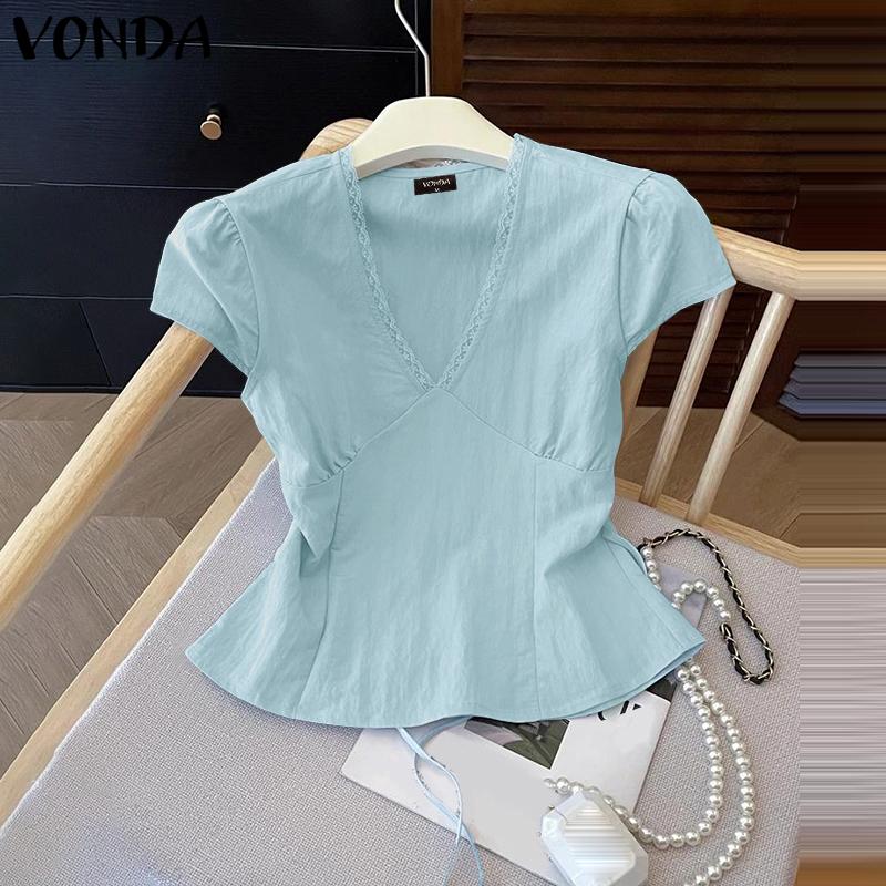 VONDA Women Casual V Neck Short Sleeve Ruffled Soild Color Blouse