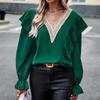 Vintage Ruffles Plise Kadın Bluz V Yaka Zarif 2023 Rahat Gevşek Dantel Gömlek Flare Uzun Kollu Üstleri Kadın Blusas Mujer 27988