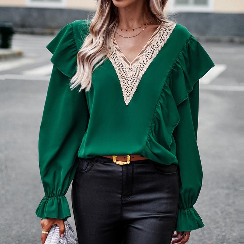 Vintage Ruffles Plise Kadın Bluz V Yaka Zarif 2023 Rahat Gevşek Dantel Gömlek Flare Uzun Kollu Üstleri Kadın Blusas Mujer 27988