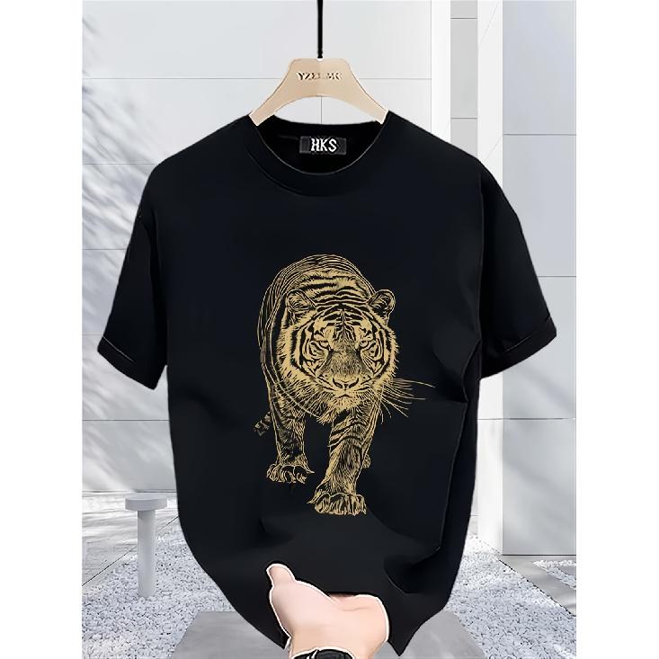 1pcMen'S 180g Heavy Golden Tiger Print T-Shirt White Crew Neck Short Sleeve Casual Sports Top, Breathable All-Season, Machine Washable, Regular Fit,