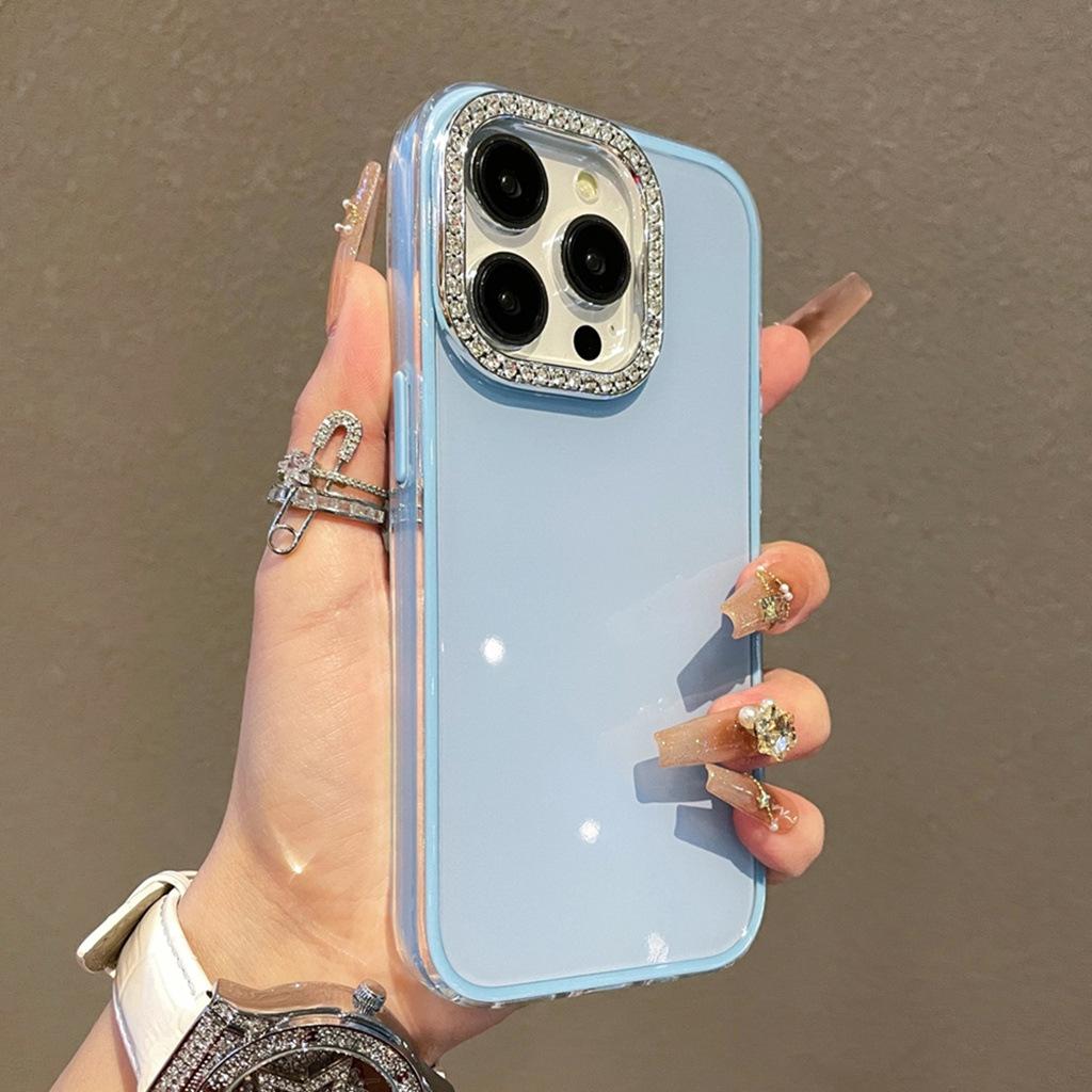 Jelly solid color mobile phone case is suitable for Apple 16promax large hole material TPU electroplated rhinestone iPhone14 set