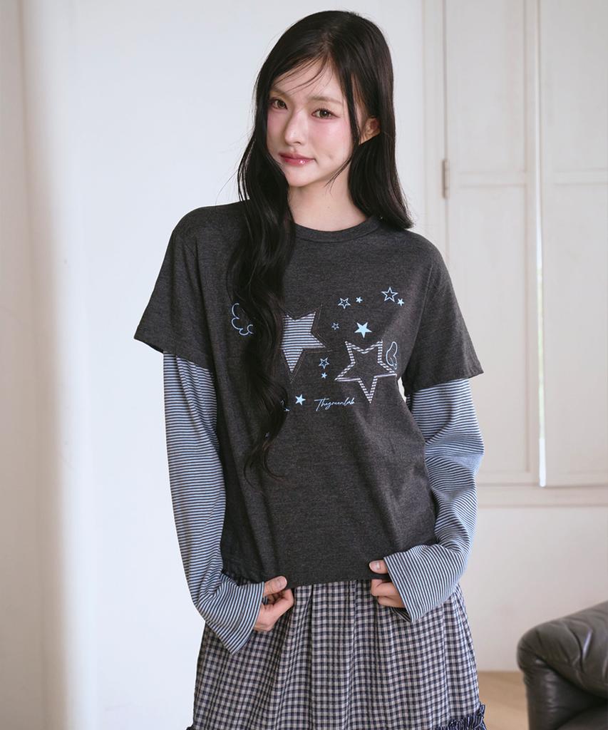 THE GREEN LAB Star Patch St Layered T-Shirt [Charcoal Gray]