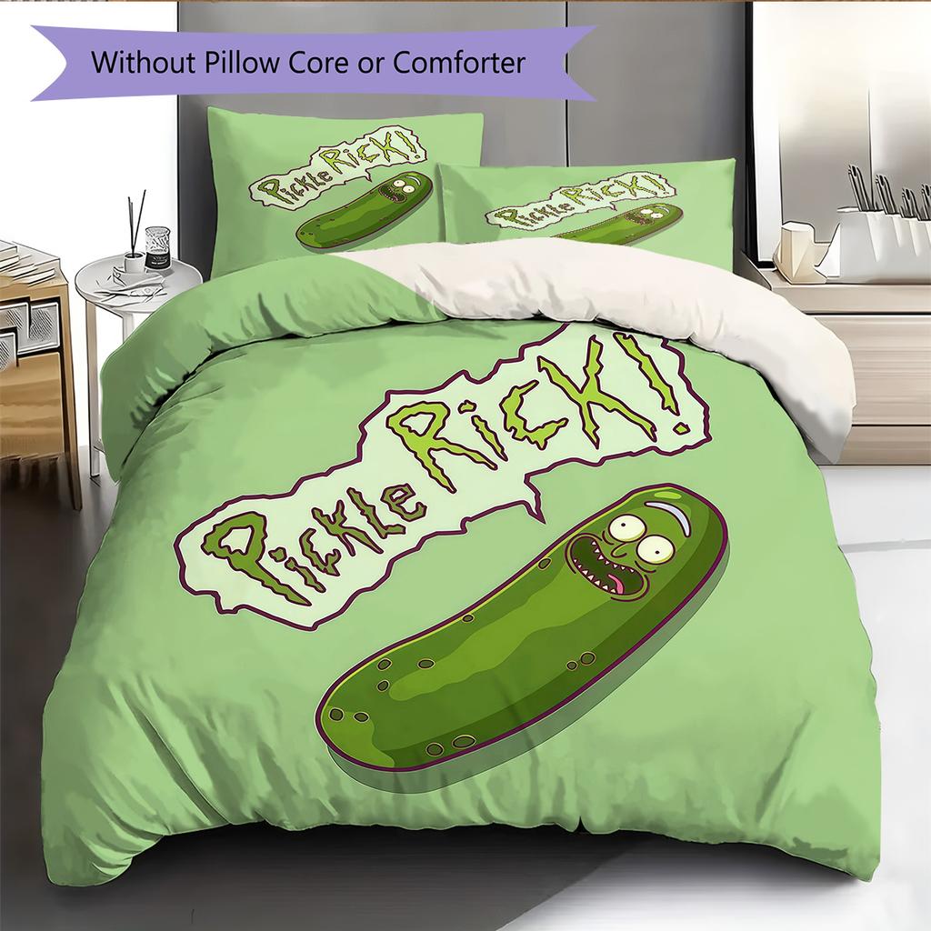 Pickle Rick Pattern Bedding Quilt Set  Home Decoration  Gift (1 * Duvet Cover + 2 * Pillowcase  Without Core)