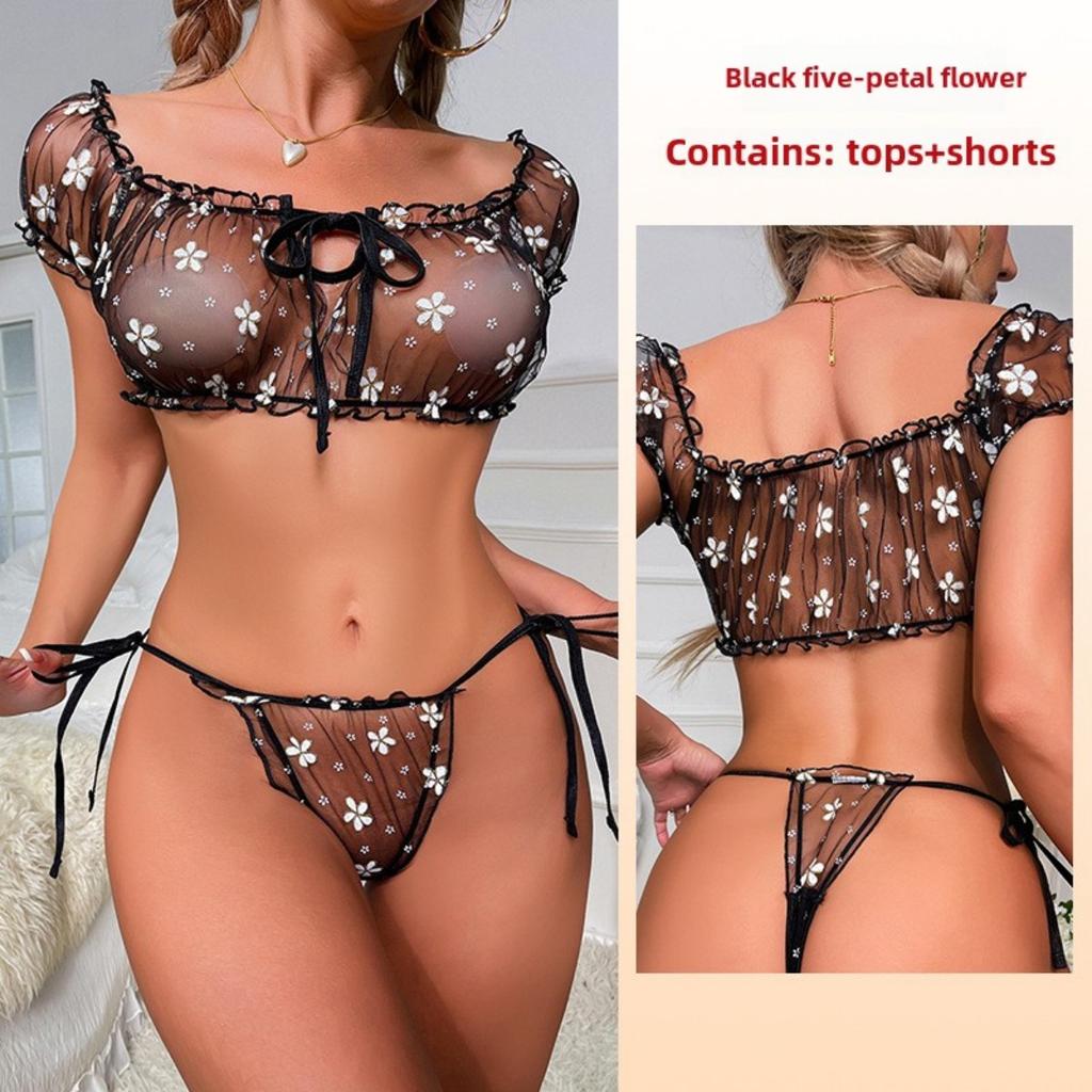 Sexy Unterwäsche Brustumwickeltes Höschen Set Einwort-Schulterträger Pyjama Damen Mesh Loungewear