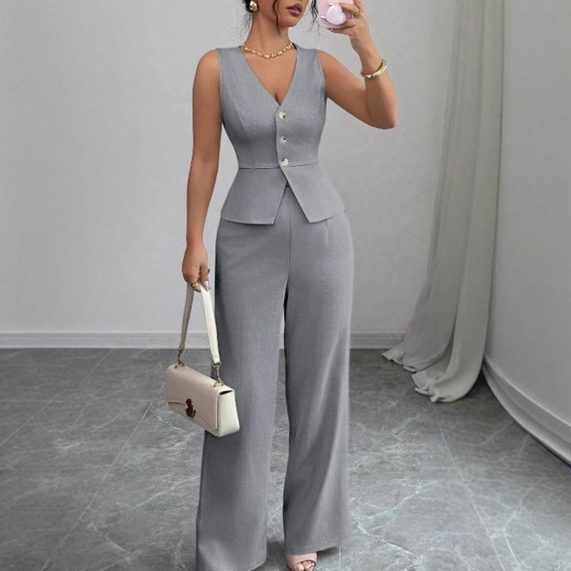 2026 European & American Women s Solid Color Sleeveless Vest & High Waist Long Pants Set XXL