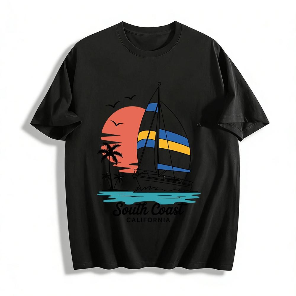 South Coast California Sailboat Sunset Coconut Tree Print Tee Pure cotton T-shirt XXS