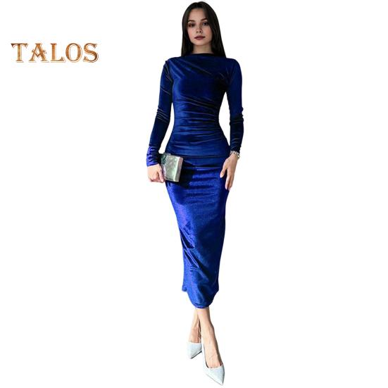 Lady Evening Dress Slim Fit Pleated Bateau Neck Long Sleeve Pure Color Midi Dress Sheath Calf Length Prom Cocktail Party Dress