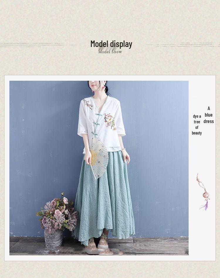 Women's Ethnic V-Neck Embroidered Cotton-Linen Cardigan Top and Mid-Sleeve Tea Dress