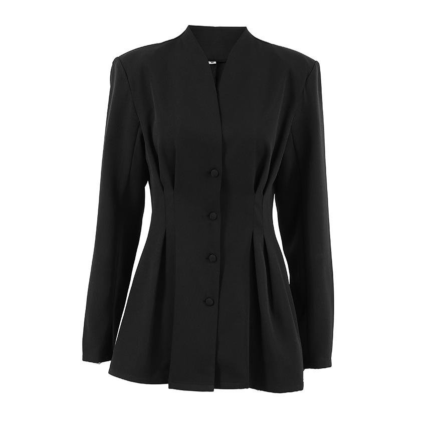 Damen Schwarzer Plissierter V-Ausschnitt Figurbetonter Blazer
