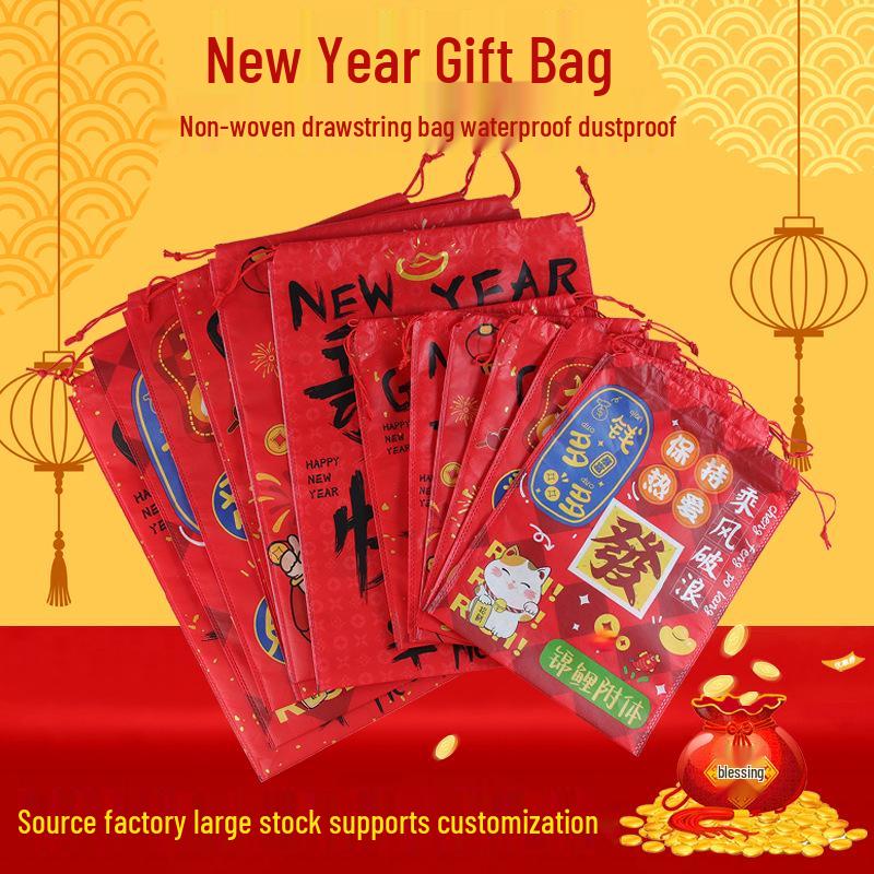 In-Stock New Year Gift Non-Woven Drawstring Bag: Luck, Wealth, & Prosperity Snack Storage