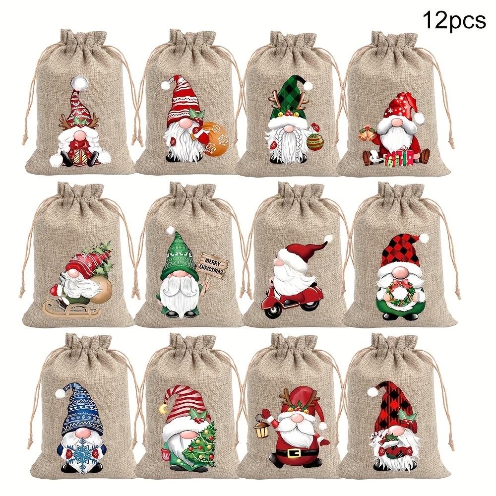 12PCS Christmas Linen Gift Bag Set, Santa Drawstring Bag, Perfect for Holiday Party Gifts and Jewelry Storage, Perfect for Christmas