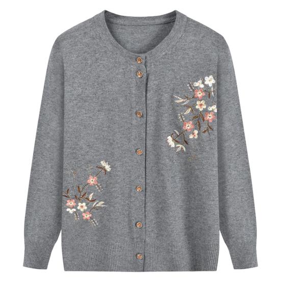 Manteau en tricot pour mère automne printemps broderie florale simple boutonnage col rond ample manches longues cardigan extensible