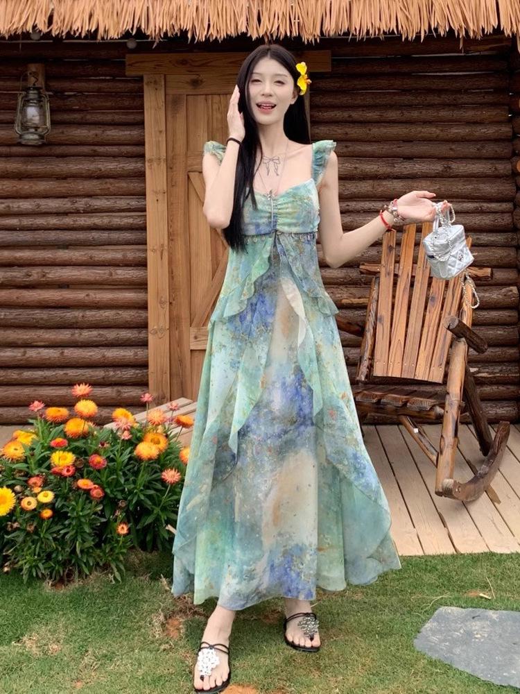 Women’s Summer Retro French Tie-Dye Spaghetti Strap Ruffle A-Line Maxi Dress