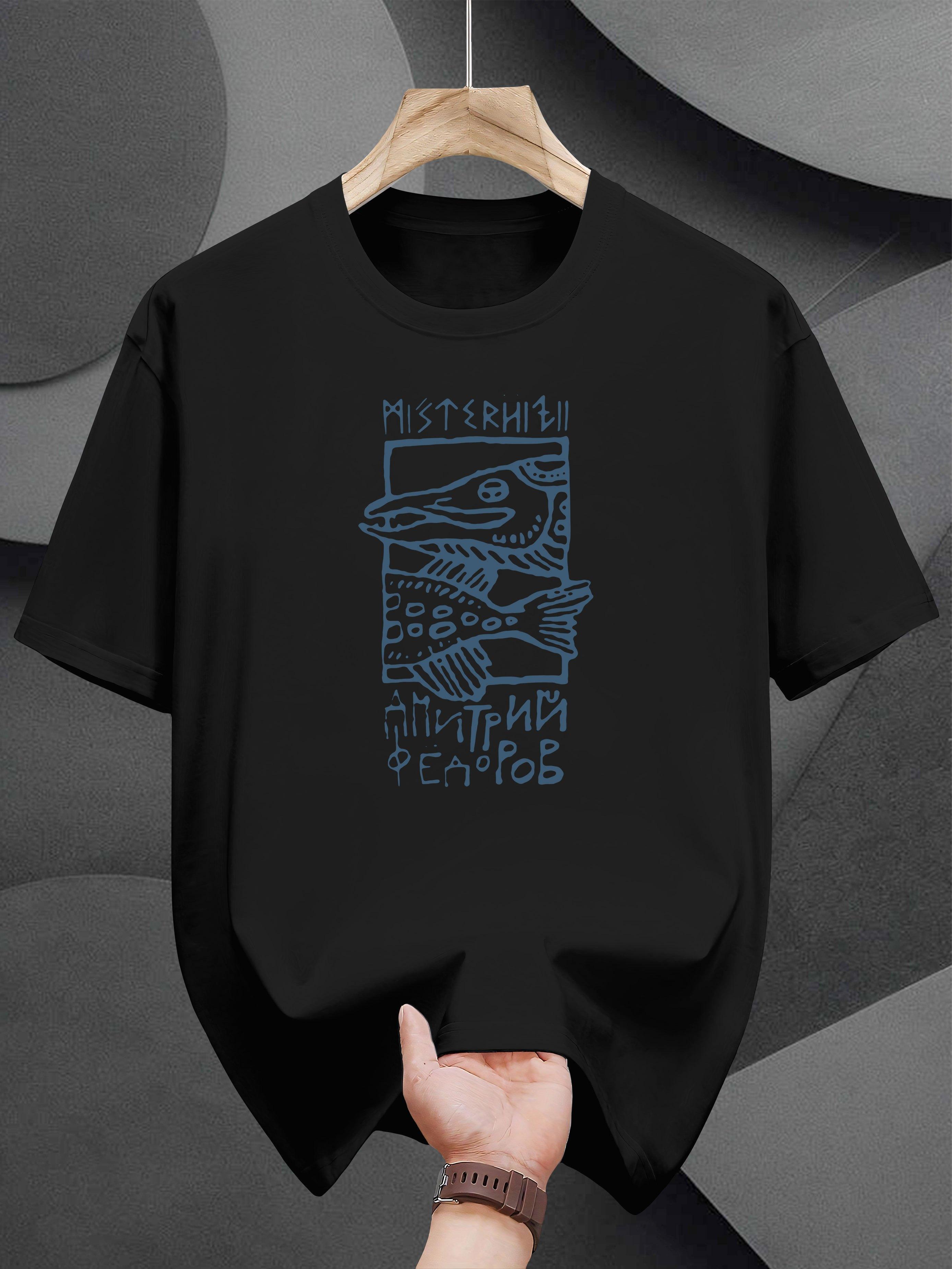 T-shirt - Black Casual Summer Tee with Blue Fish & Cyrillic Graphic Print XXXL