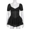 Vintage Hollow Out Corset Dress Women Fashion V Neck Ruffles Pleated Puff Sleeve Chic Black Summer Party Ladies Dress