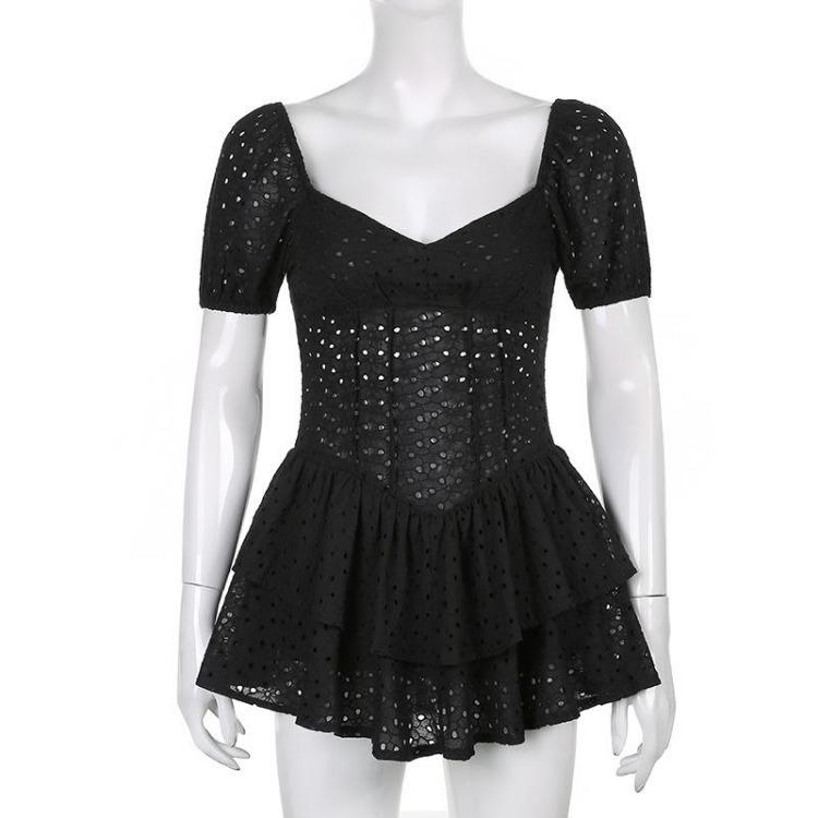 Vintage Hollow Out Corset Dress Women Fashion V Neck Ruffles Pleated Puff Sleeve Chic Black Summer Party Ladies Dress