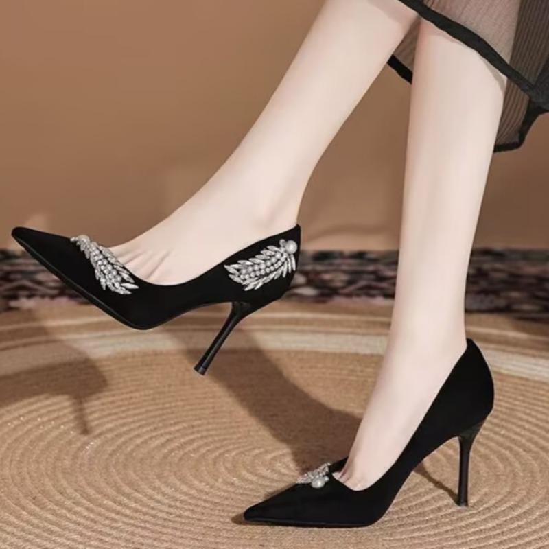 Fashion Temperament Stiletto Single Shoes Autumn New Pointed Toe Shallow Suede Slip-on Non-Slip Pearl Sequin Heels