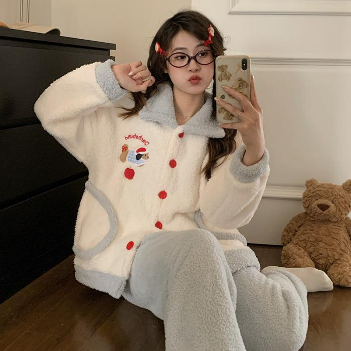 

GMXIA Women s Winter Pajamas Flannel Thickened Contrasting Color Cartoon Home Wear Set Coral Fleece Pajamas XXL