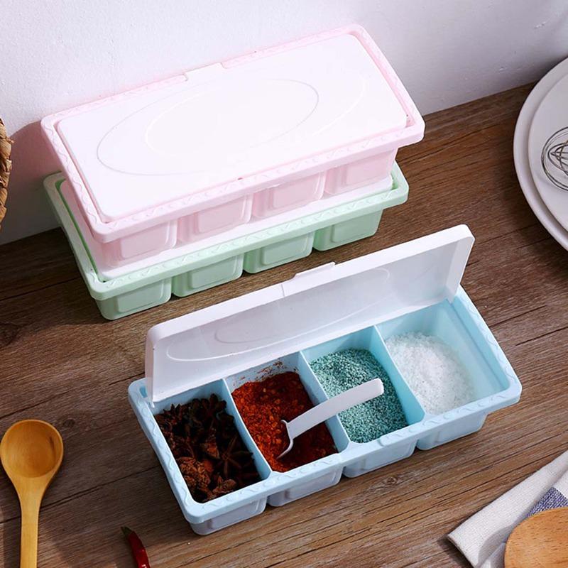 4 Grids Salt Pepper Seasoning Box Transparent Lid Spice Jar Chili Powder Sugar Bowl Condiments Storage Container Kitchen Gadgets