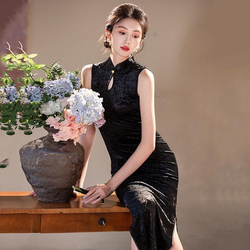 Sleeveless black national style new Chinese Suzhou long cheongsam improved young 1011 new women's high-end dress
