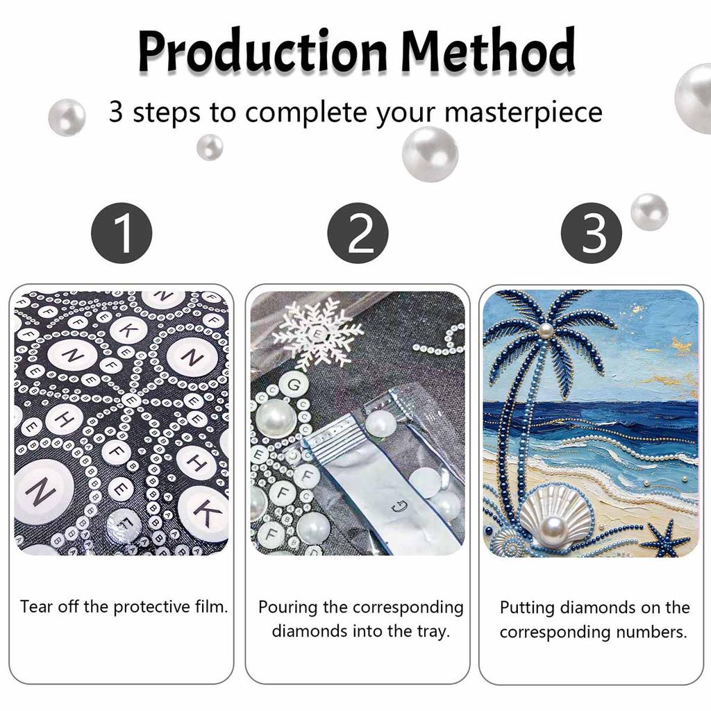 Frameless Pearl Painting DIY Kit Ocean Beach Palm Tree Seashell Starfish 3D Sparkling Bead Canvas Relaxing Creative Craft for Art Lovers