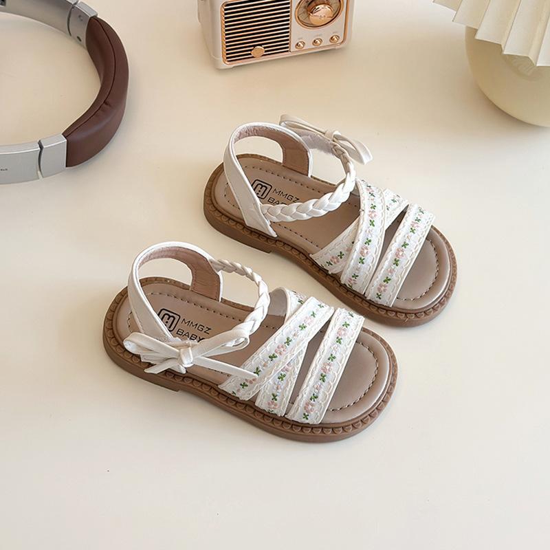 Girls Floral Embroidery Braided Strap Flat Sandals 21 белый