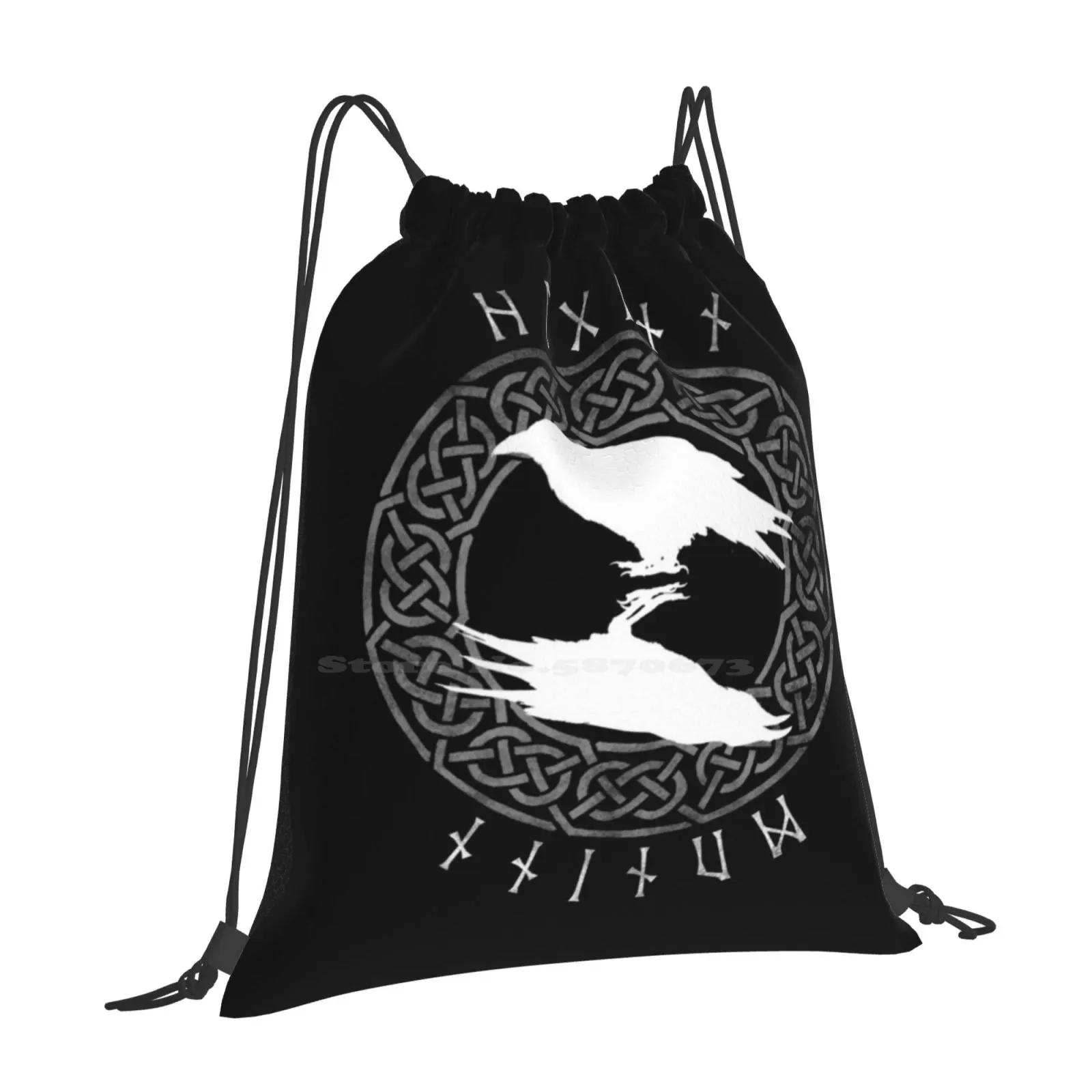 Рюкзаки Huginn-Reverse Mono Knotwork Для Школы Подростков Девочек Дорожные Сумки Huginn Muninn Один Ворон Руна Рунический Норвежский OneSize