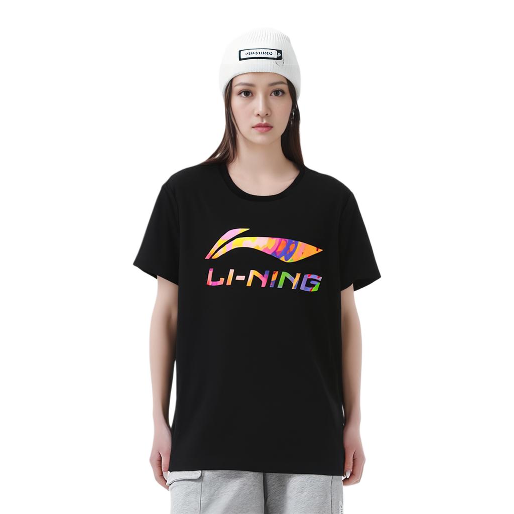 Li Ning Mother Logo Printed Round Neck Loose Comfortable Casual Short Sleeve T-Shirt Women T-Shirts Black AHSVA76-1