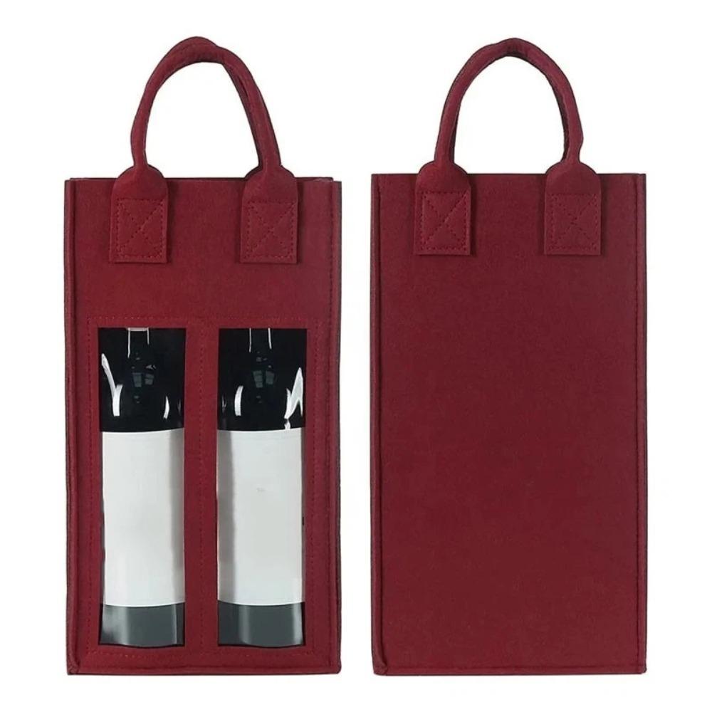 

Double Bottle Holder Wine Box Gift Presentation Box Non-woven Fabric Champagne Package Bags with Transparent Window Portable темно-красного