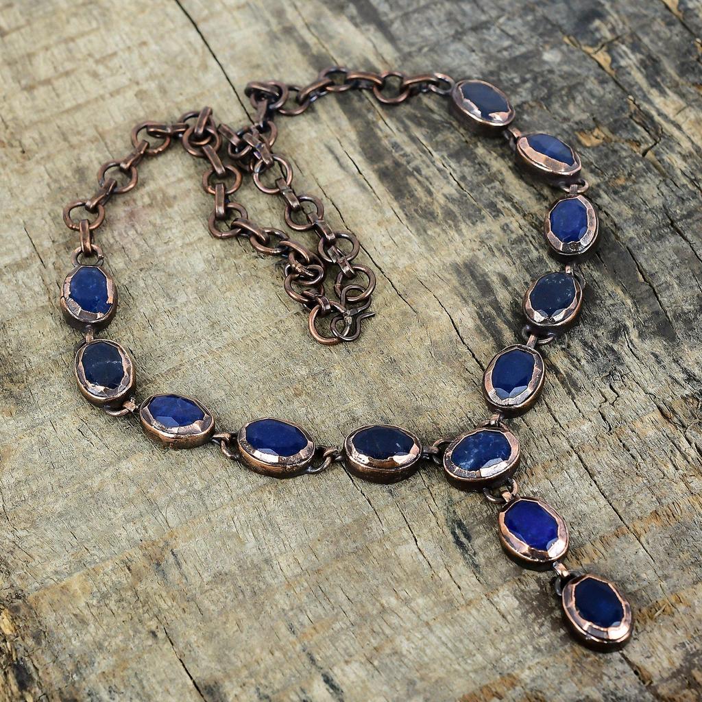 Facettierte blauer Saphir Halskette elektrogeformte Kupfer Halskette Edelstein Schmuck verstellbare Kettenhalskette handgefertigter Kupferschmuck Geschenk für sie