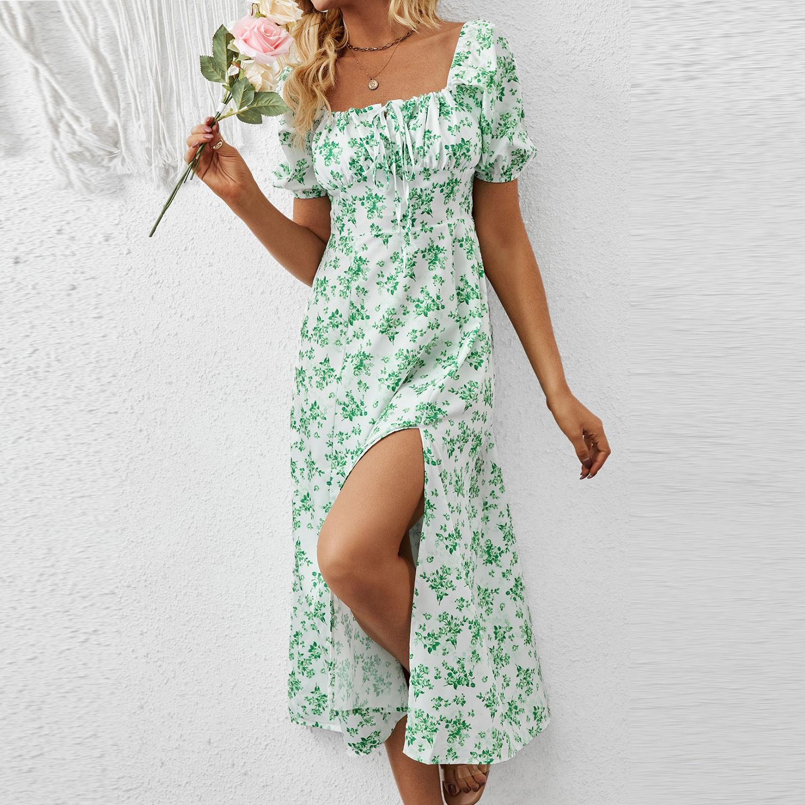 

Women s Summer Fashion Solid Color High Waisted Bubble Sleeve Waist Dresses L