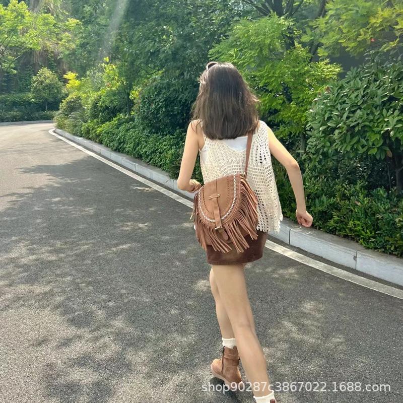 New handheld handmade suede fringed bag women's retro saddle fashion trend shoulder bag messenger bag
