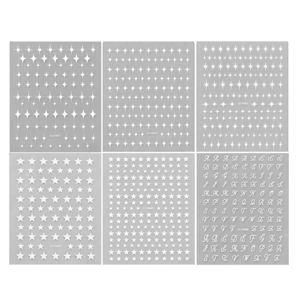 6Pcs Y2K Irregular Star Manicure Decals Gold Silver Color Letters Nail Decorations Nail Supplies
