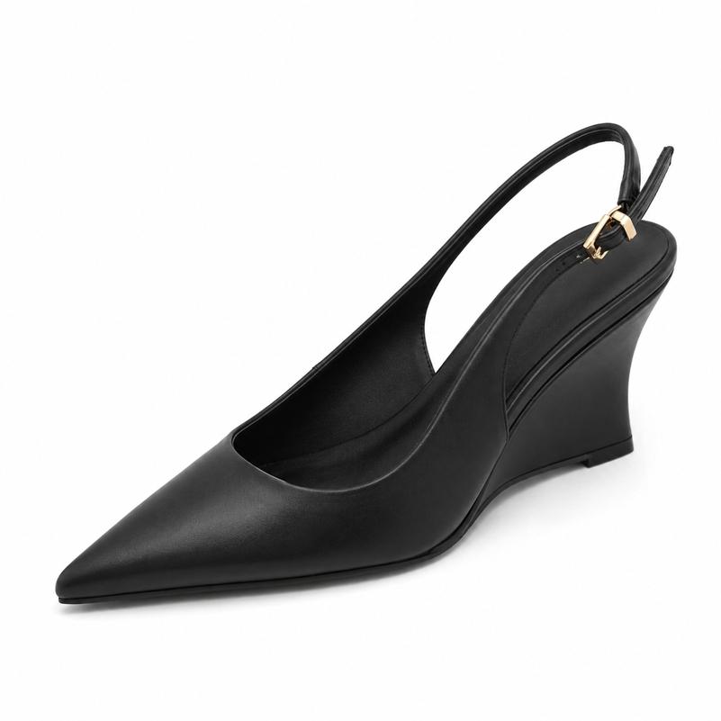 FOREADA Women Slingbacks Pumps Pointed Toe Wedges High Heels Buckle Concise Design Ladies Fashion Shoes Spring Autumn Black 43 35 чёрный