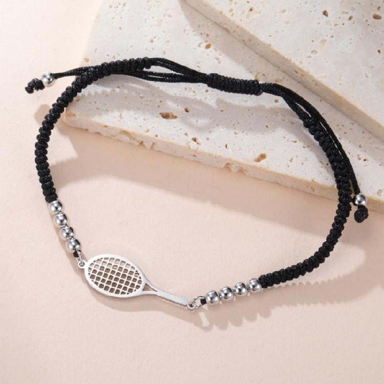 Gioiello Sportivo Minimalista in Acciaio Inossidabile con Intaglio Racchetta e Cordino Intrecciato Personalizzabile