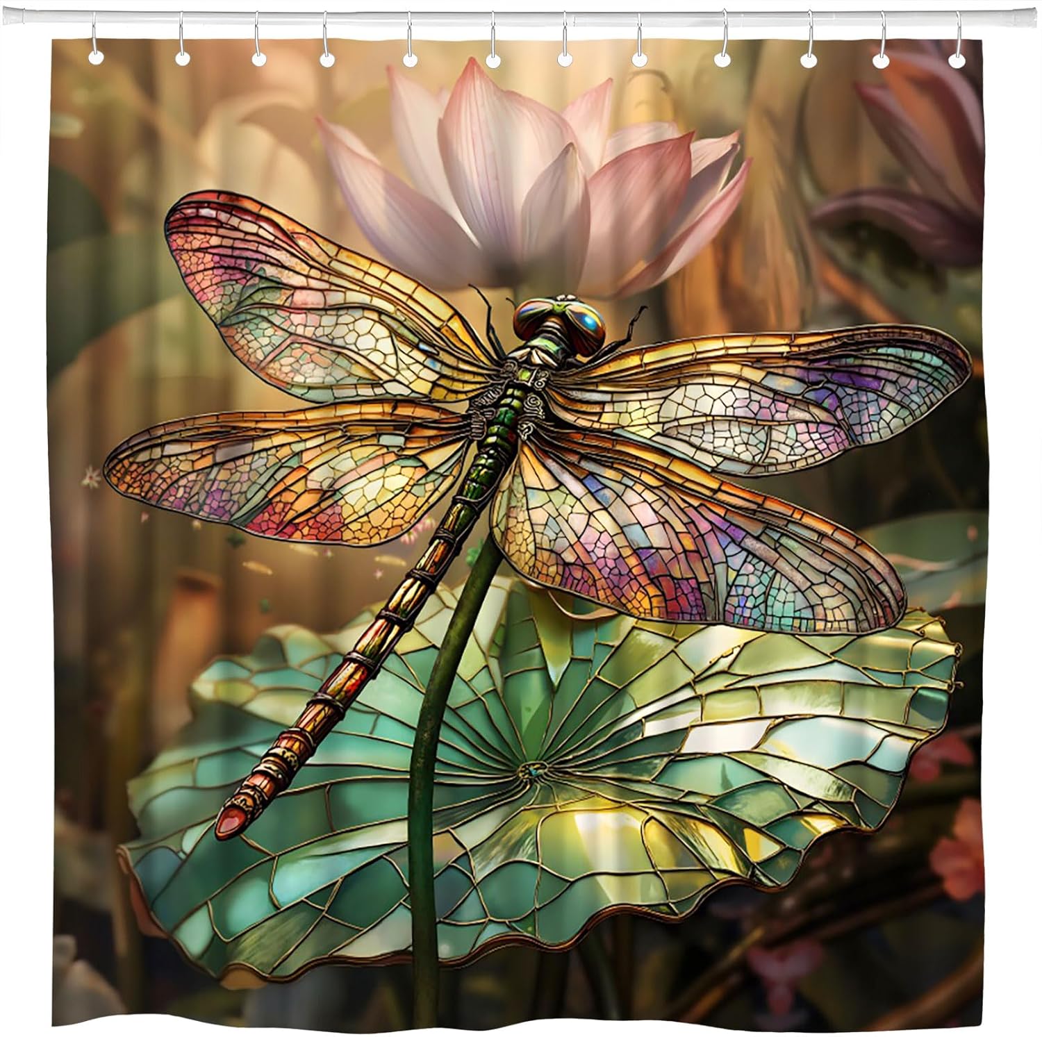 

Fantasy Dragonfly Shower Curtain Stained Glass Lotus Flower Waterlily Pink Floral Green Leaves Lake Asian Rustic Hooks W60H190(CM)-1 Pcs