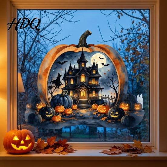 Outdoor Balcony Window Stickers Halloween Pumpkin Haunted House Static Stickers Waterproof PVC Castle Easy Application Decals Decals Removable