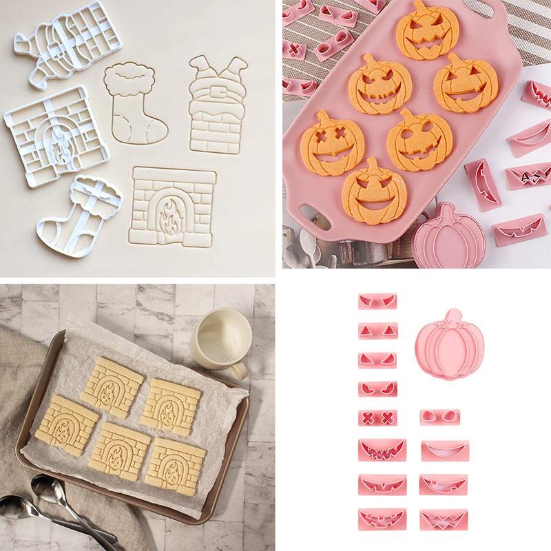 Christmas Halloween Cookie Fondant Cutter Non-Stick Pumpkin Snowflake Fireplace Stocking Shapes for Cake Decoration and Baking